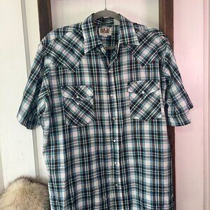 Ely Cattleman Western Pearl Snap Shirt Mens Large Teal Grey Plaid Short Sleeve